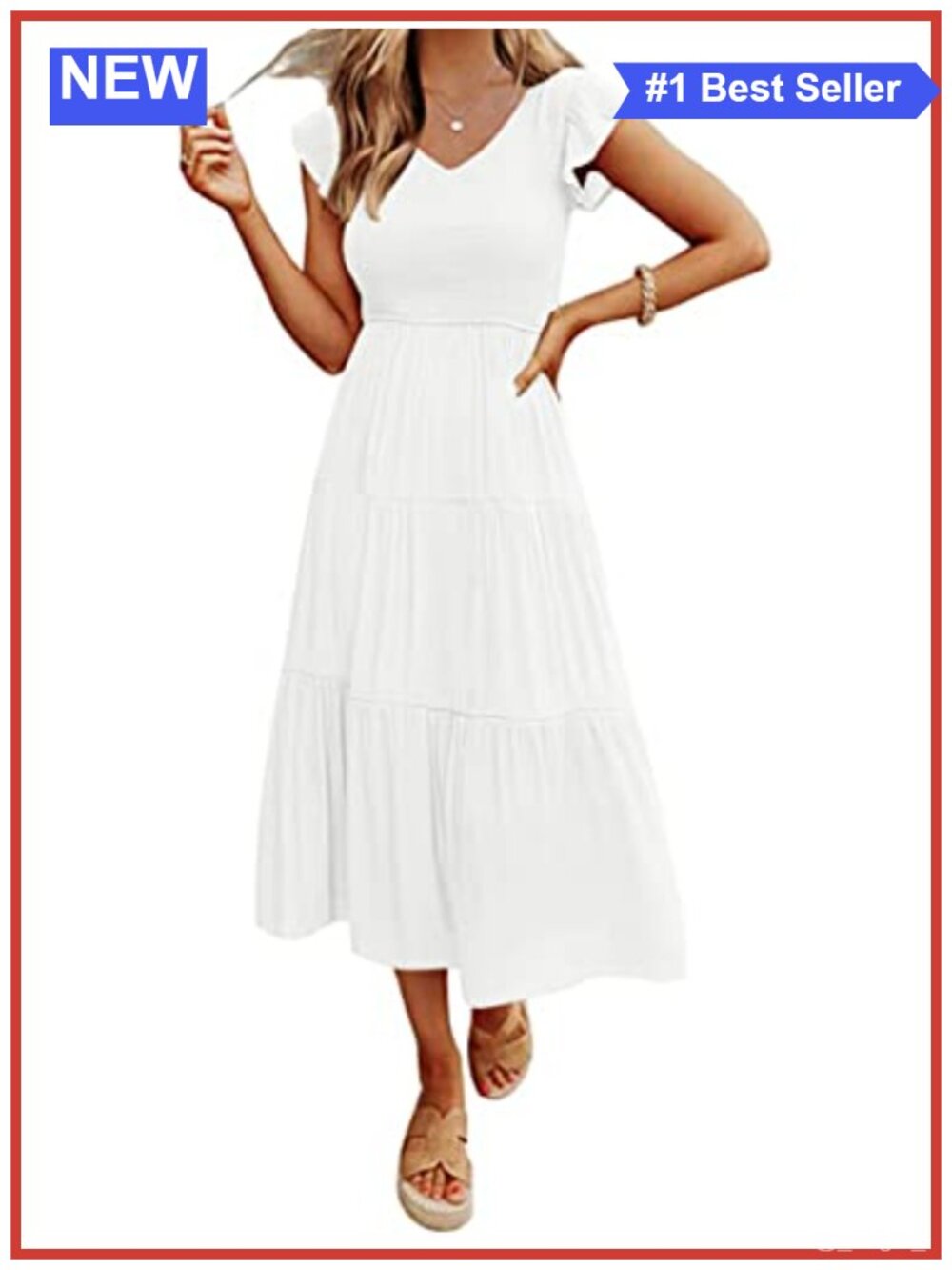 Flutter Sleeve Smocked Midi Dress V-Neck A-Line Casual Rayon